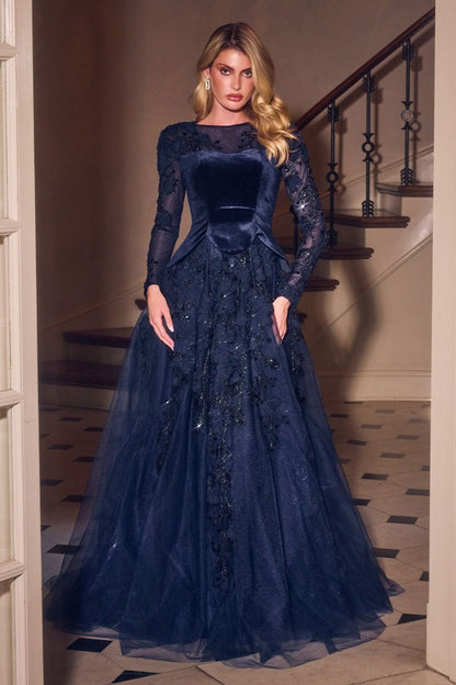 Long Sleeve Velvet & Lace Ball Gown
