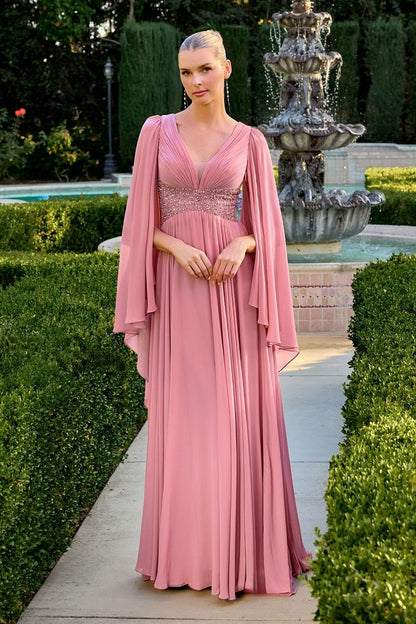 Flowing Chiffon Gown a Pleated V-Neckline and a Beaded Waistline
