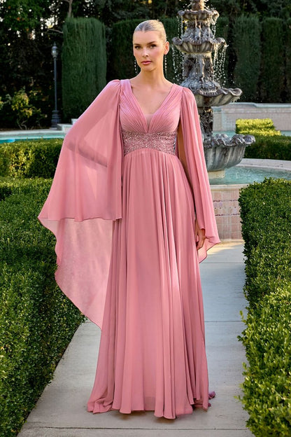Flowing Chiffon Gown a Pleated V-Neckline and a Beaded Waistline