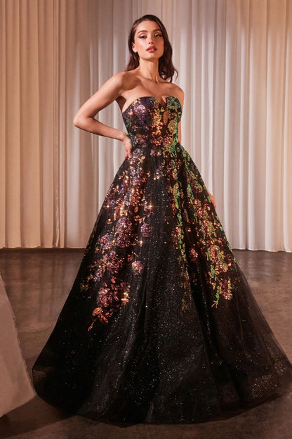 Strapless Floral Appliqued Black Ball Gown