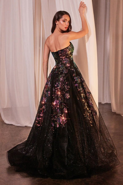 Strapless Floral Appliqued Black Ball Gown