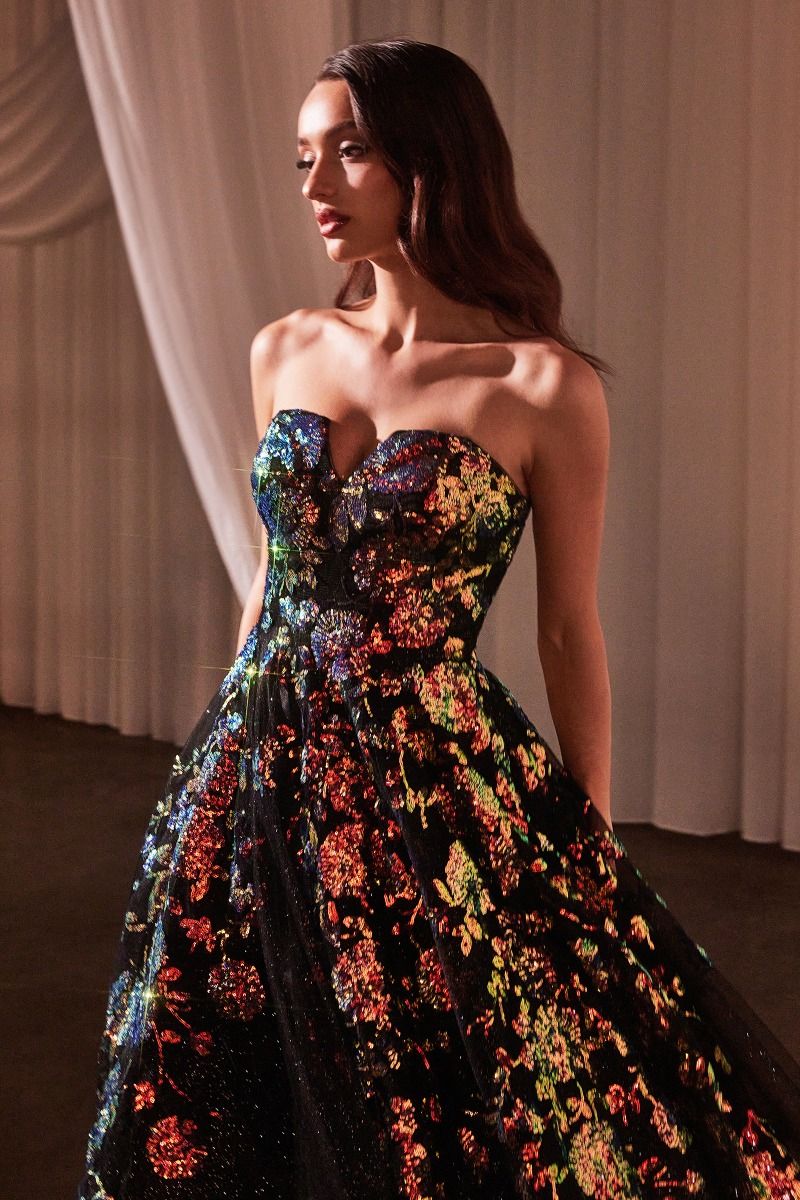 Strapless Floral Appliqued Black Ball Gown