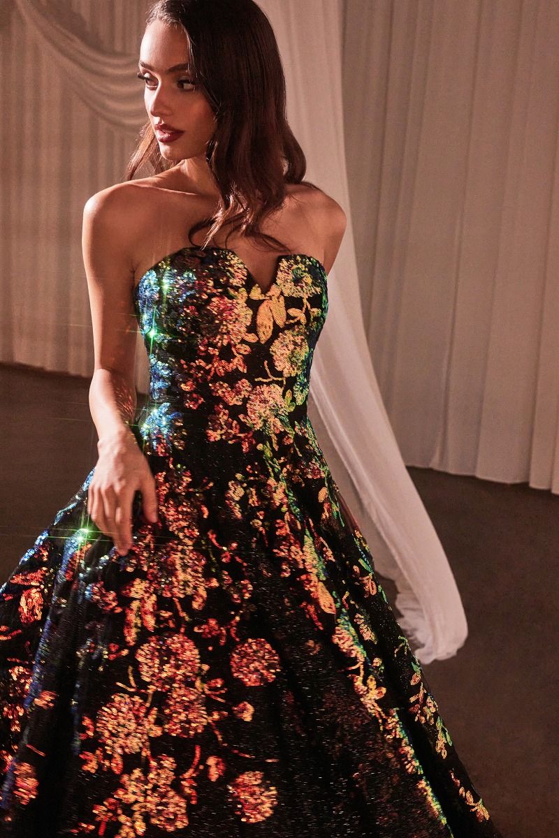 Strapless Floral Appliqued Black Ball Gown