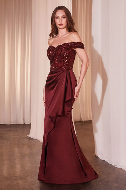 Off The Shoulder Satin & Beaded Gown