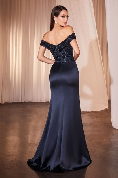 Off The Shoulder Satin & Beaded Gown