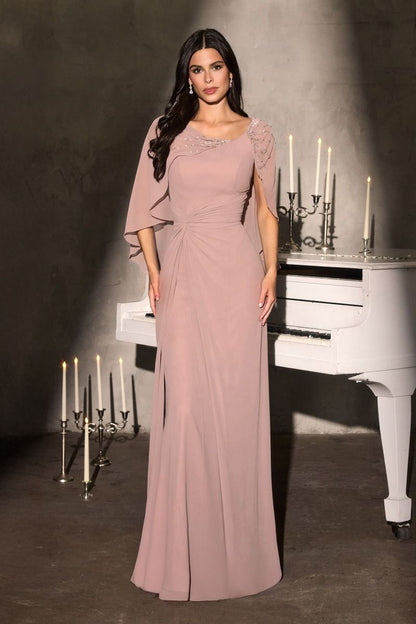 Classic Column Silhouette with Soft Draped Overlay and Cape-Style Sleeves