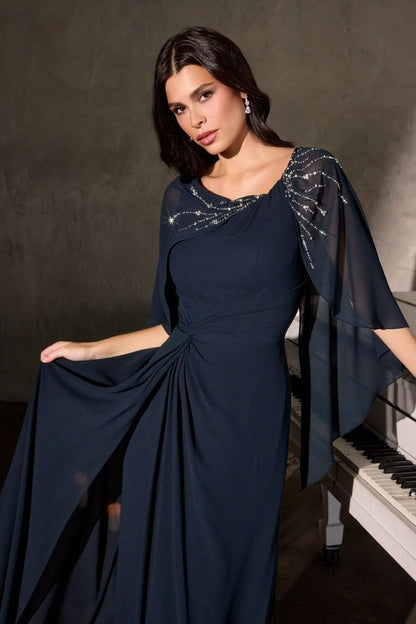 Classic Column Silhouette with Soft Draped Overlay and Cape-Style Sleeves
