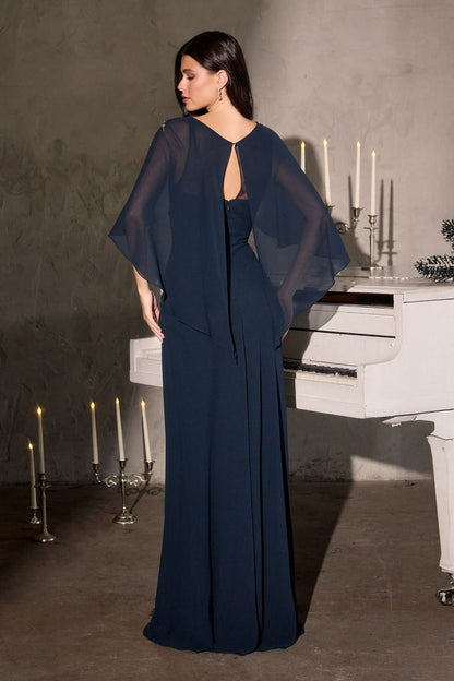 Classic Column Silhouette with Soft Draped Overlay and Cape-Style Sleeves