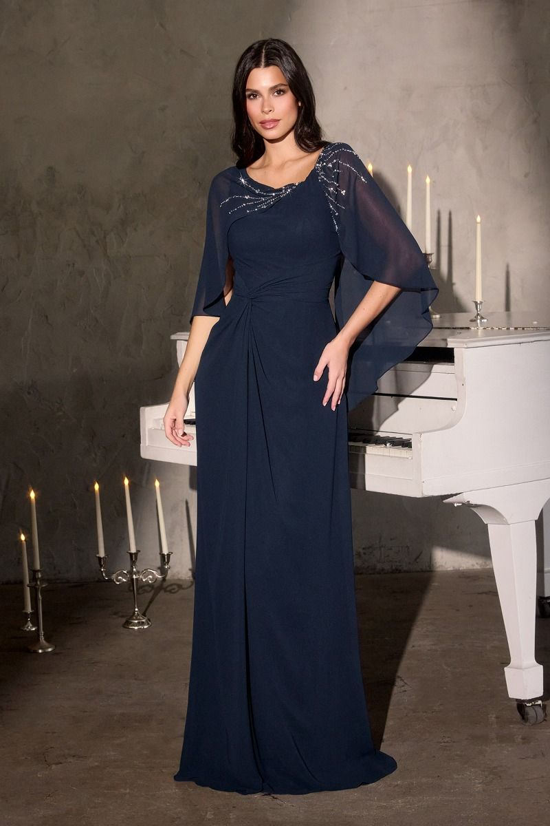 Classic Column Silhouette with Soft Draped Overlay and Cape-Style Sleeves