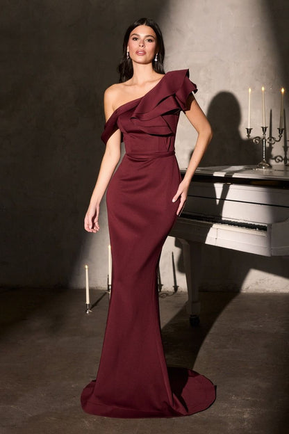 Gown a Refined Silhouette the One-Shoulder Neckline is Elevated with Cascading Ruffles