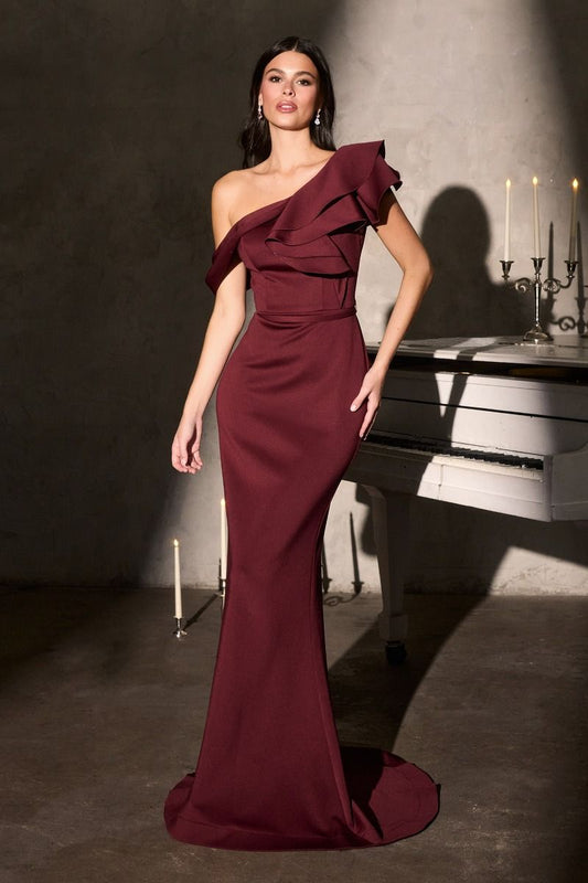 Gown a Refined Silhouette the One-Shoulder Neckline is Elevated with Cascading Ruffles