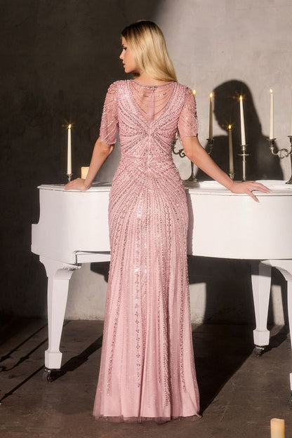 Gown Sheath With Scooped Illusion Neckline And Short Sleeves