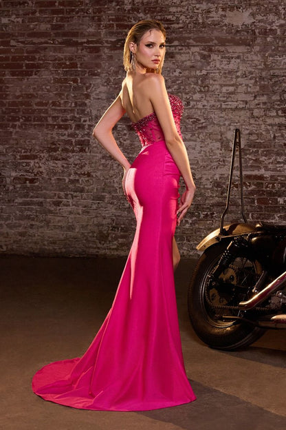 Crystal Strapless Fitted Satin Dress