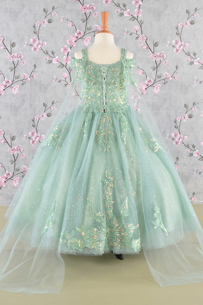 Embroidery Bead Kids Dress w/ Detachable Long Back Drapes