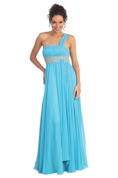 One Shoulder Floor Length Empire Dress with Jewel Detailing