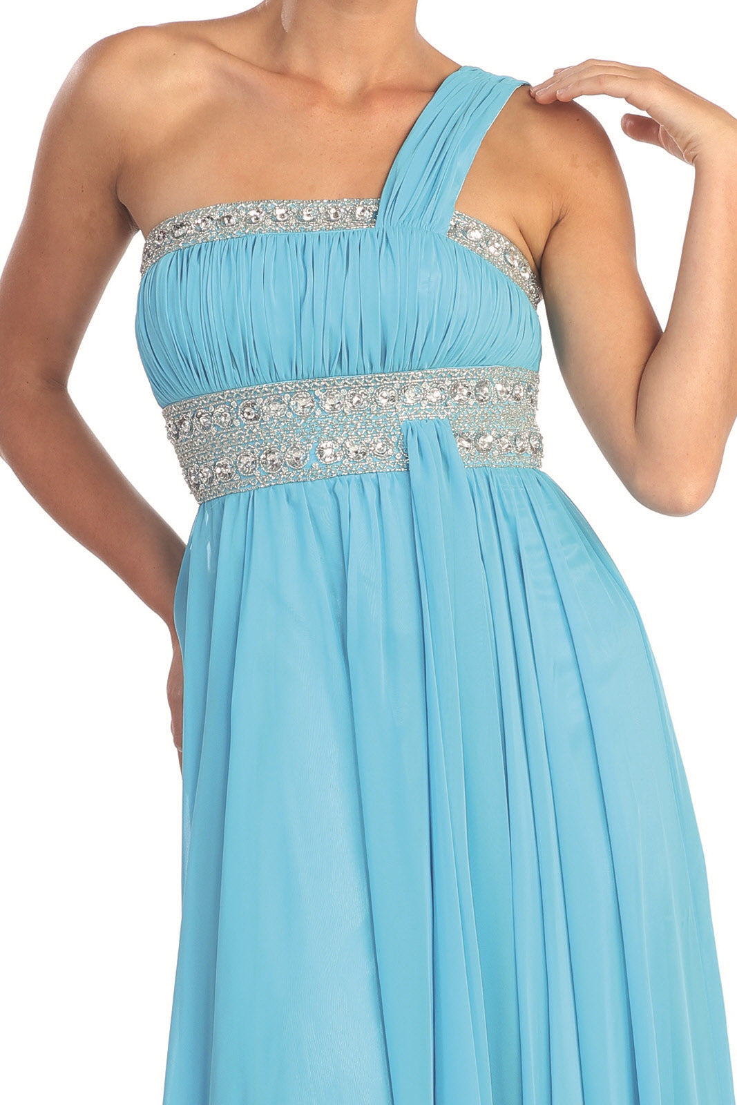 One Shoulder Floor Length Empire Dress with Jewel Detailing