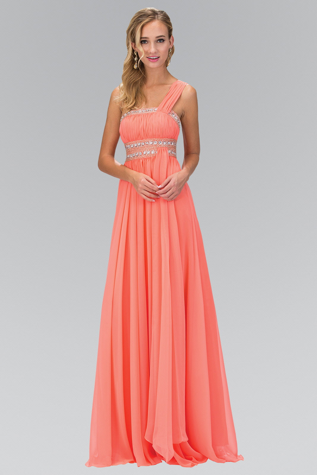 One Shoulder Floor Length Empire Dress with Jewel Detailing