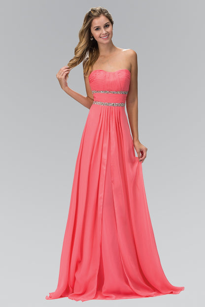 Strapless Floor Length Chiffon Dress with Sequin Detailing