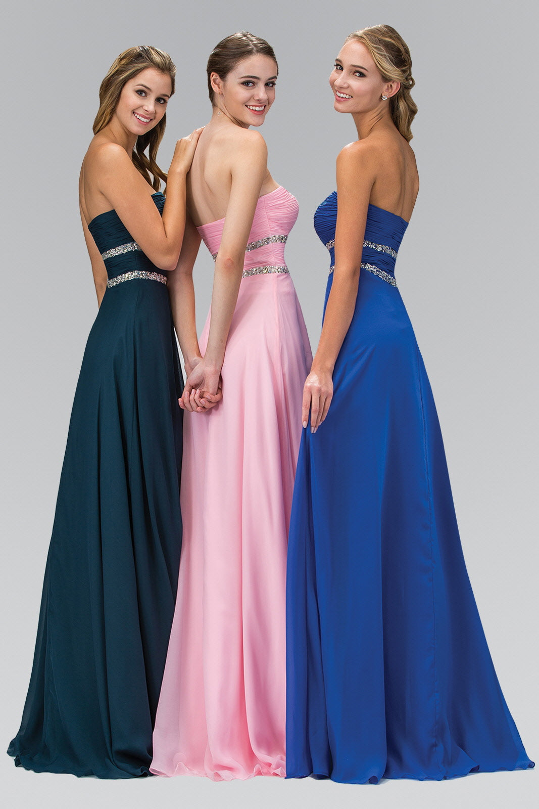 Strapless Floor Length Chiffon Dress with Sequin Detailing