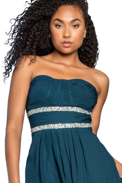 Strapless Floor Length Chiffon Dress with Sequin Detailing