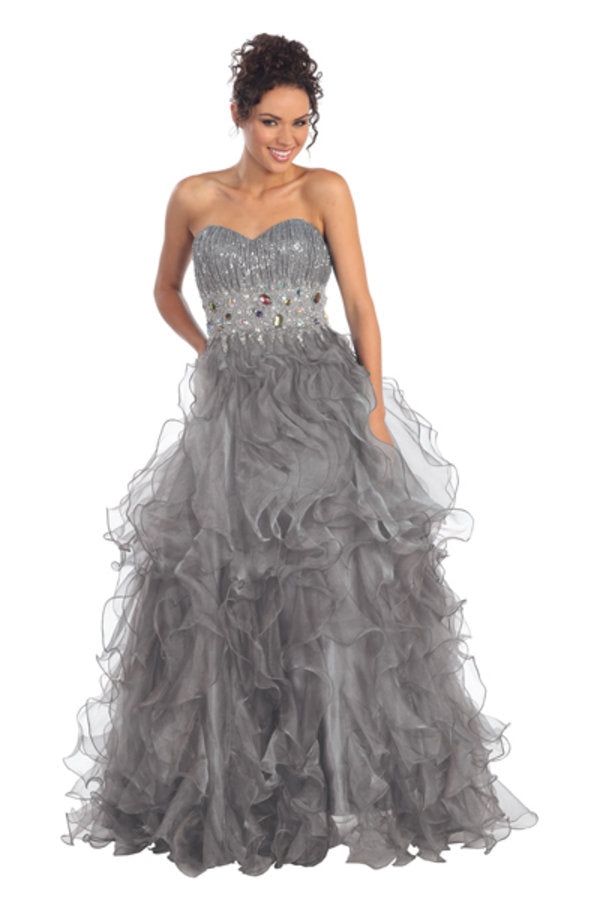 Strapless Sweetheart Organza Long Ruffle Dress with Jeweled Bodice