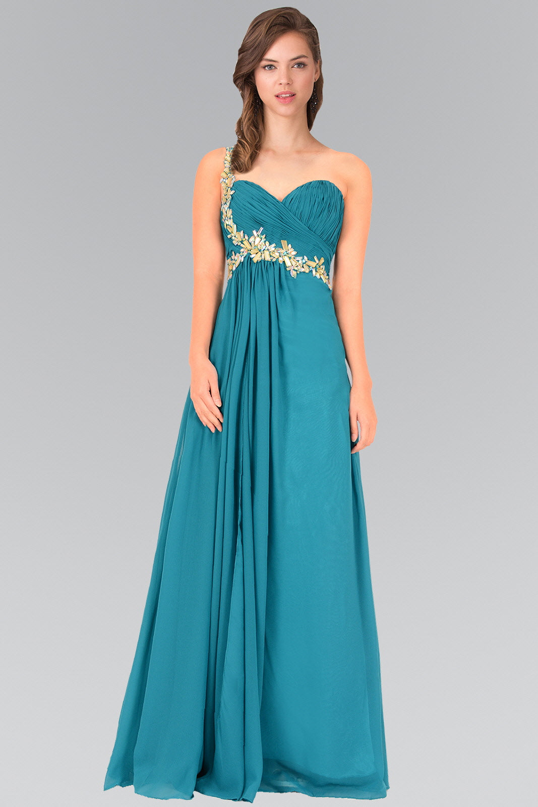 Empire One Shoulder Chiffon Long Dress Accented with Jewel