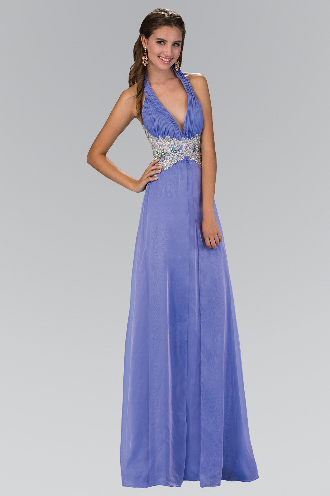 Halter Floor Length Dress Accented with Lace and Jewel