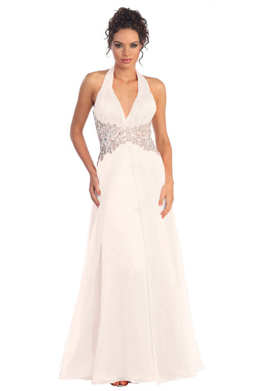 Halter Floor Length Dress Accented with Lace and Jewel