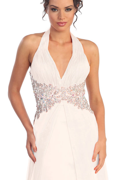 Halter Floor Length Dress Accented with Lace and Jewel