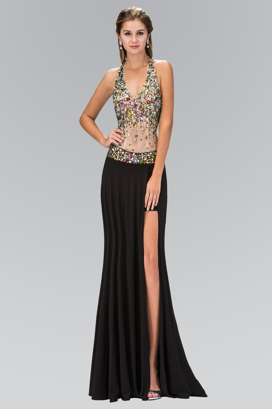 Jewel Embellished Halter Jersey Long Dress with Side Slit and Sheer Midriff Waist