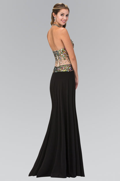 Jewel Embellished Halter Jersey Long Dress with Side Slit and Sheer Midriff Waist