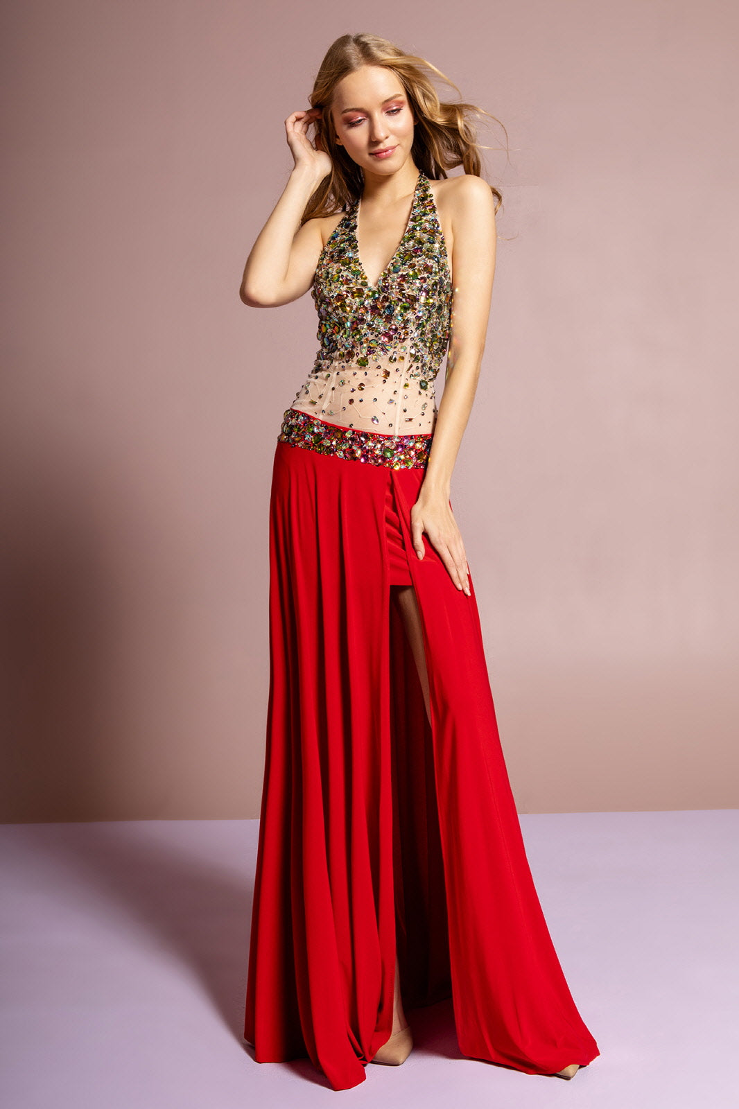 Jewel Embellished Halter Jersey Long Dress with Side Slit and Sheer Midriff Waist L / Red Jewel Embellished Halter Jersey Long Dress with Side Slit and Sheer Midriff Waist L / Red