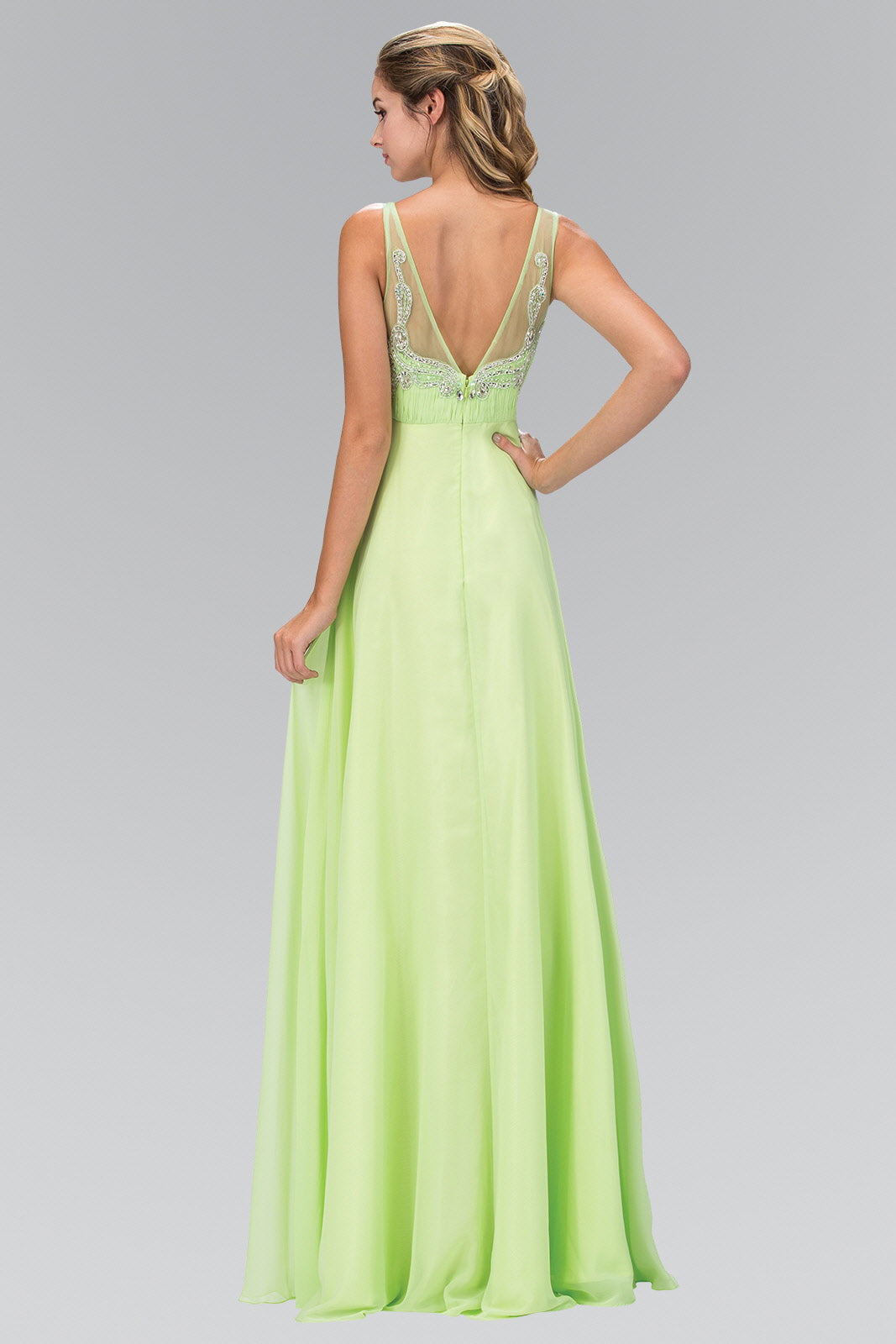 V-Neck Chiffon Long Dress with Beaded Sheer Straps