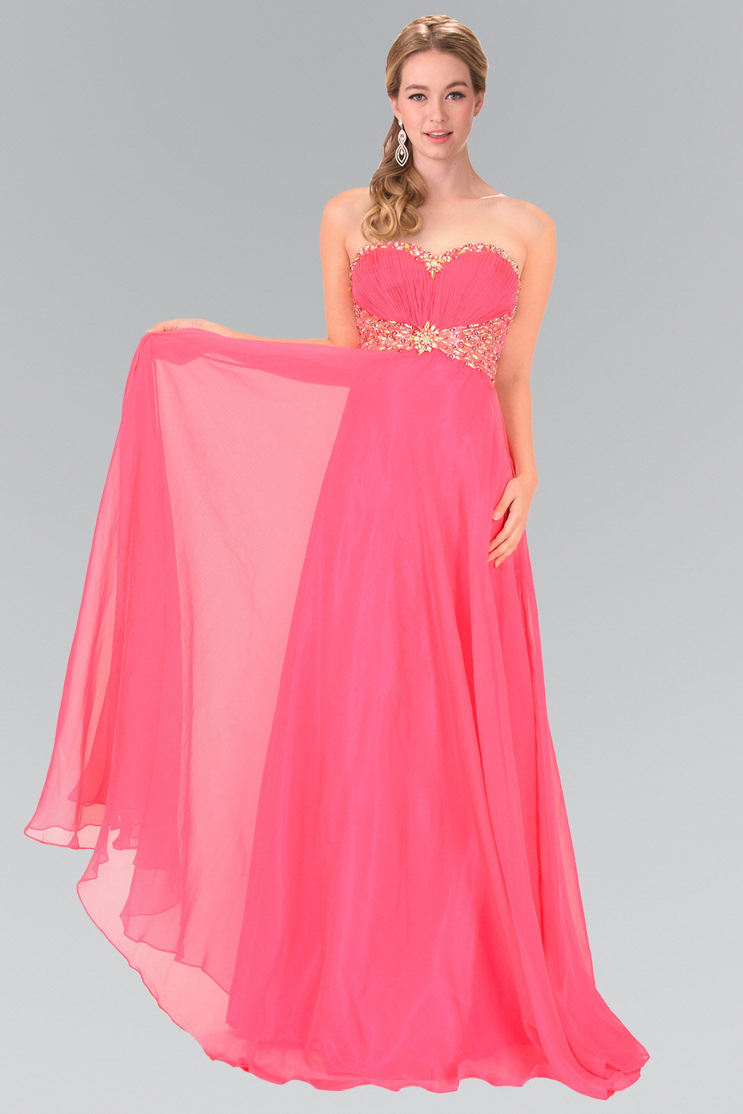 Sweetheart Chiffon Long Dress with Beaded Bodice Xs / Hot Pink Sweetheart Chiffon Long Dress with Beaded Bodice Xs / Hot Pink