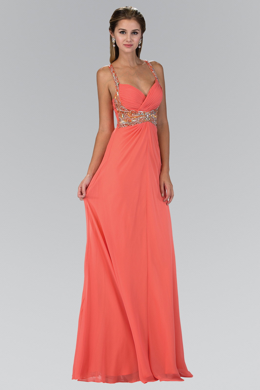 Jewel Embellished Chiffon Long Dress with Ruched Bodice