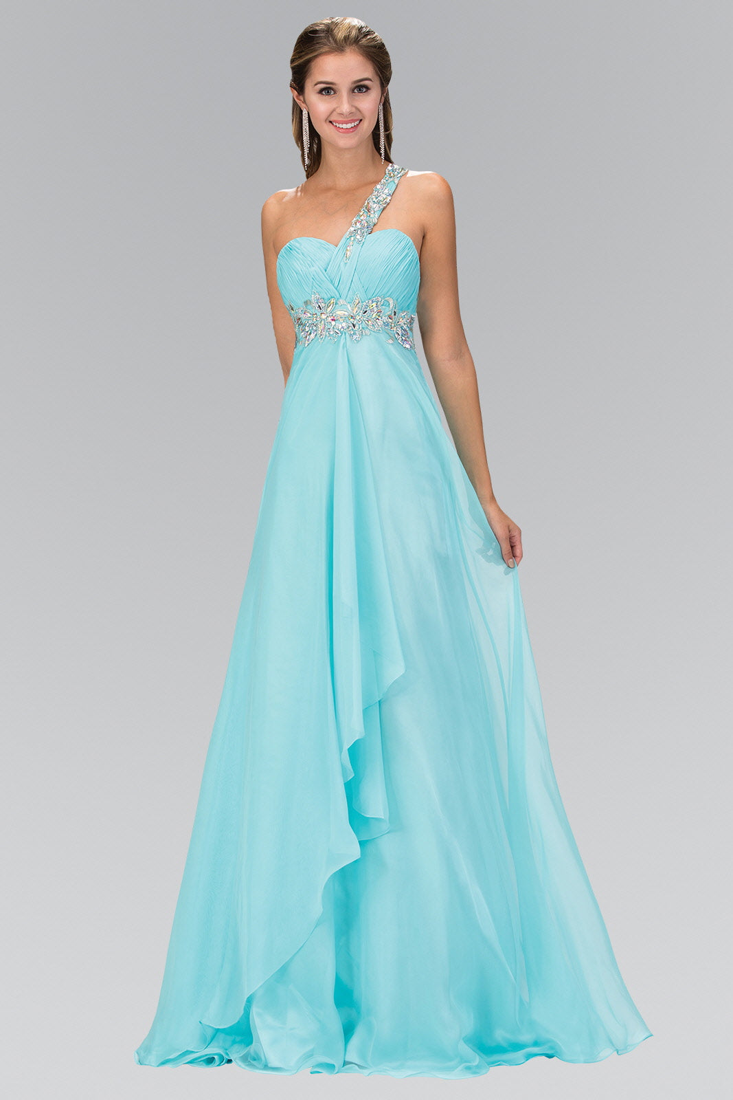 One Shoulder Chiffon Long Dress Accented with Jewel