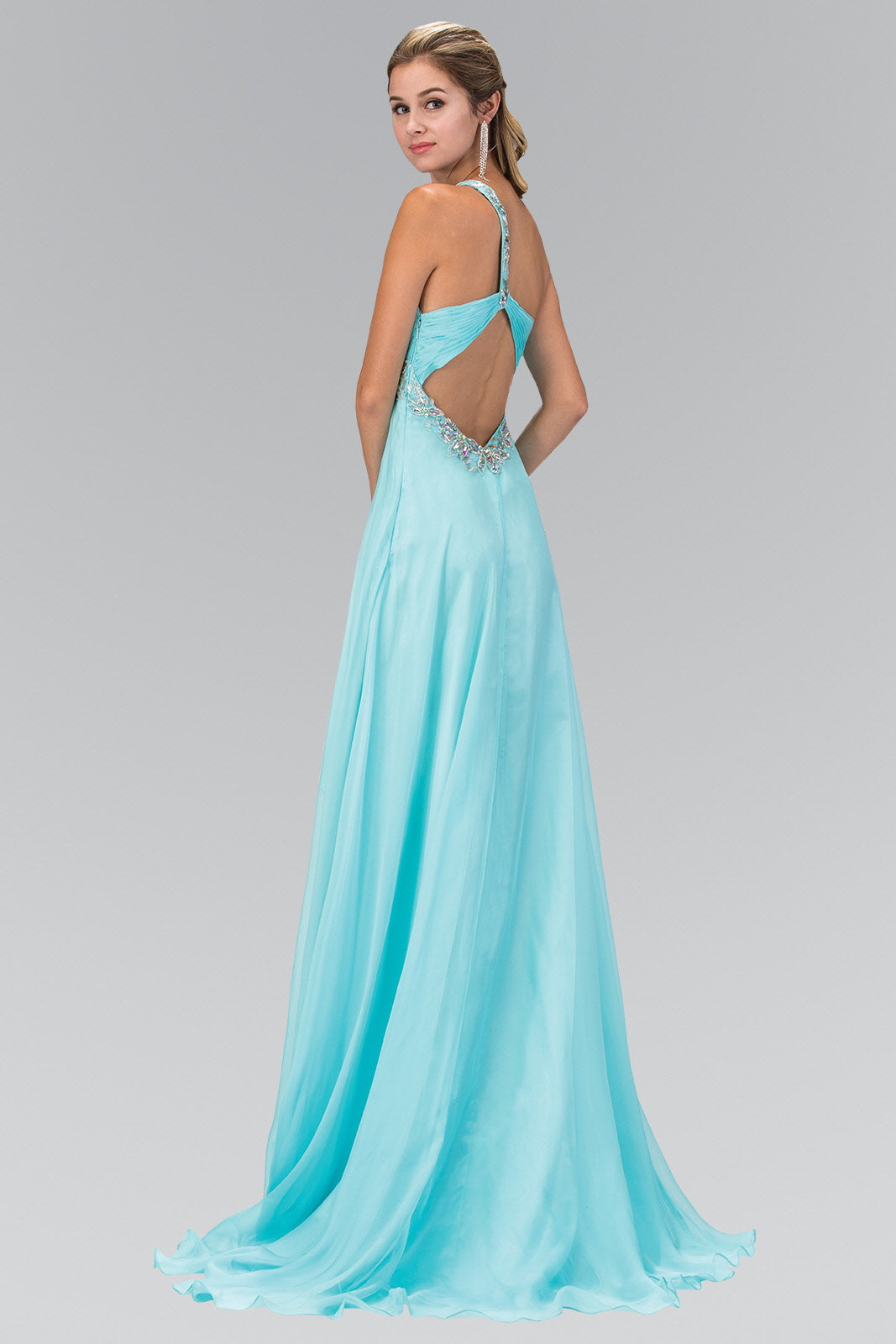 One Shoulder Chiffon Long Dress Accented with Jewel