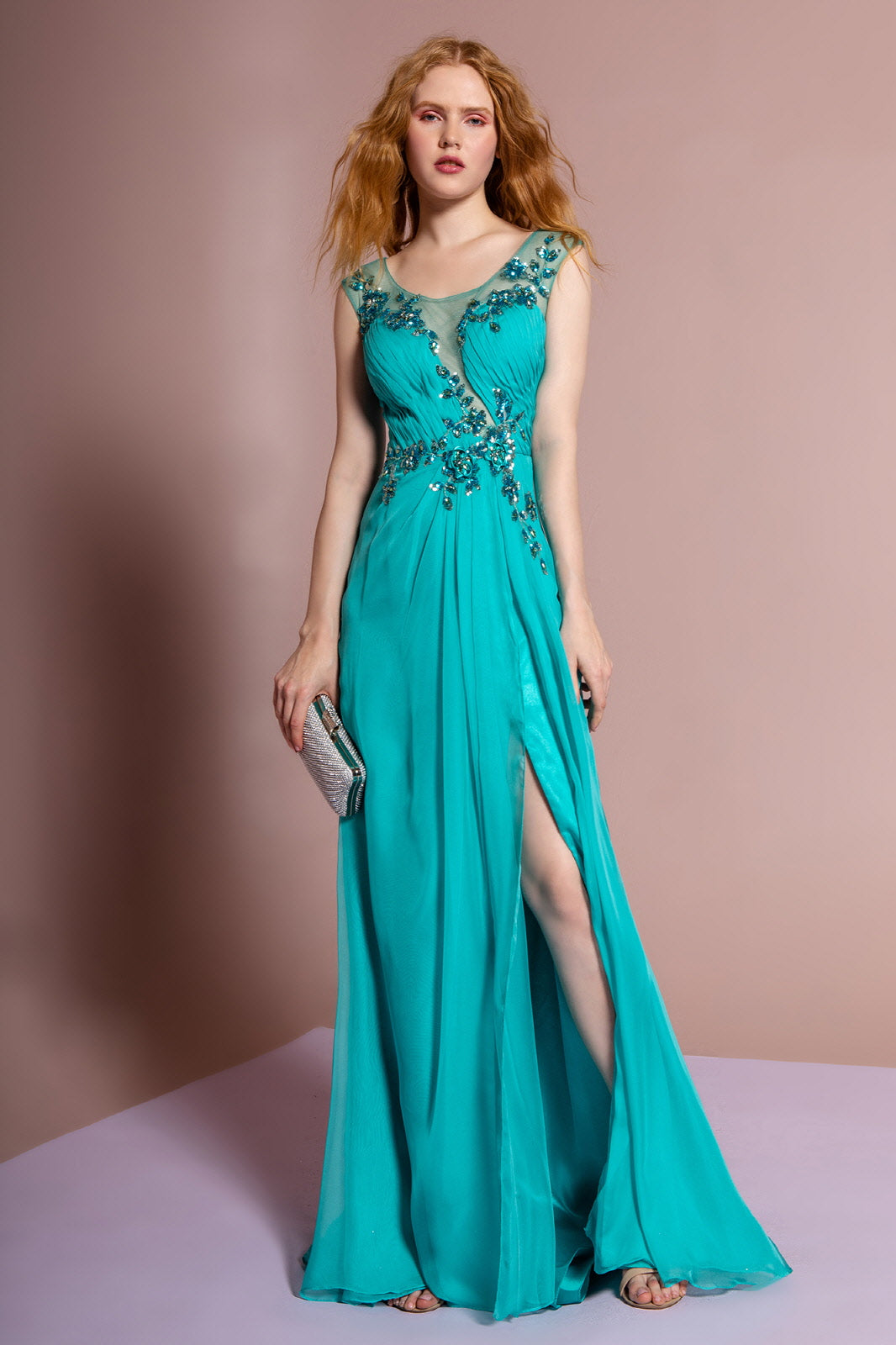 Pleated Long Dress with Side Slit and Jewel Detailing