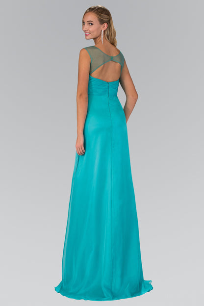 Pleated Long Dress with Side Slit and Jewel Detailing