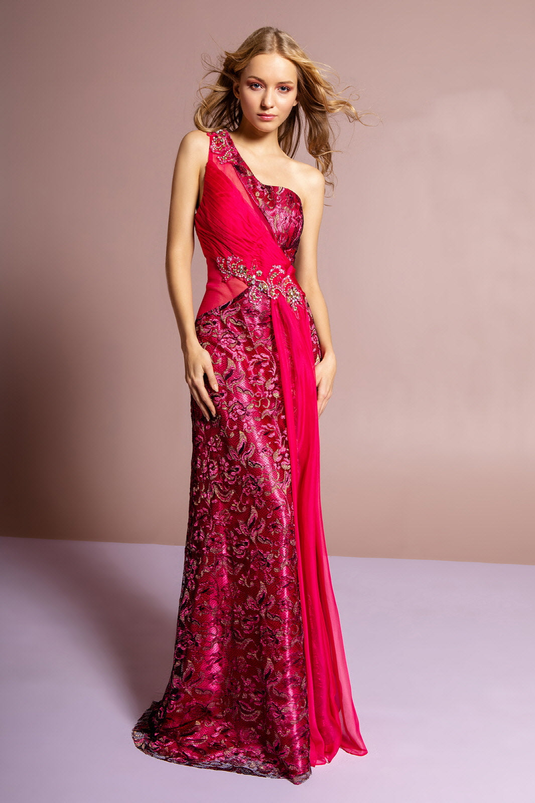 One Shoulder Lace Long Dress with Beaded Waist and Chiffon Overlay