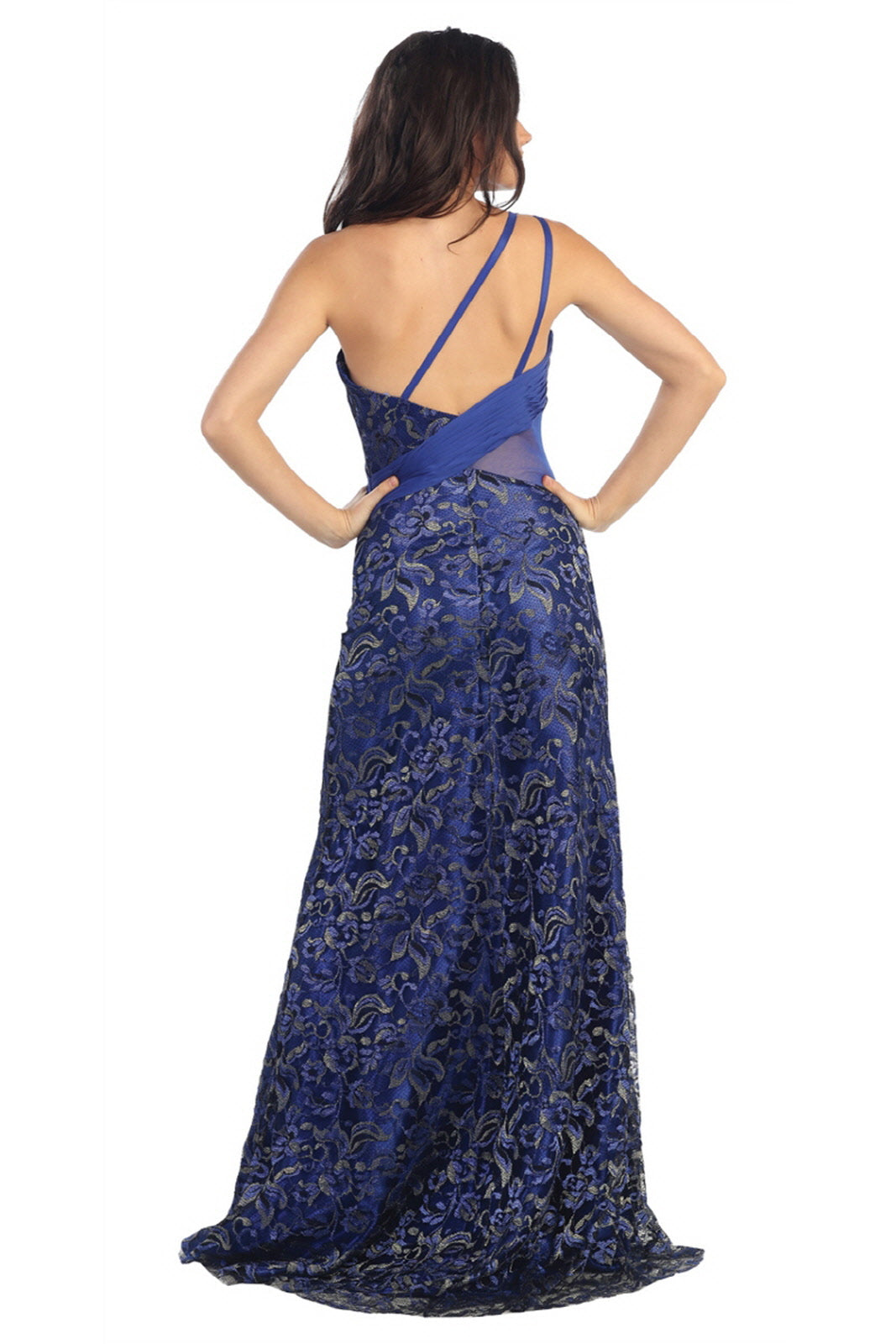 One Shoulder Lace Long Dress with Beaded Waist and Chiffon Overlay XS / Royal Blue One Shoulder Lace Long Dress with Beaded Waist and Chiffon Overlay XS / Royal Blue