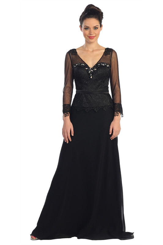 V-Neck Long Sheer Sleeve Chiffon Floor Length Dress with Lace Bodice