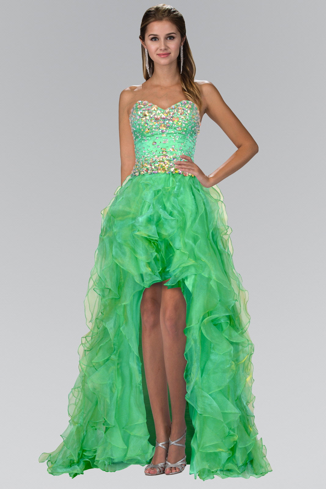 Organza High-Low Dress with Jeweled Sweetheart Bodice