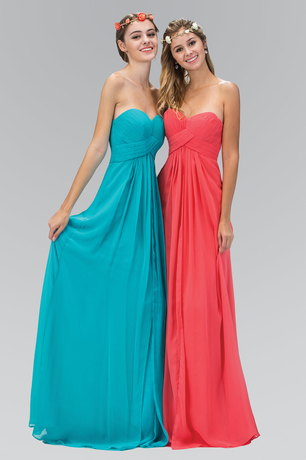 Strapless Chiffon Long Dress with Pleated Bodice