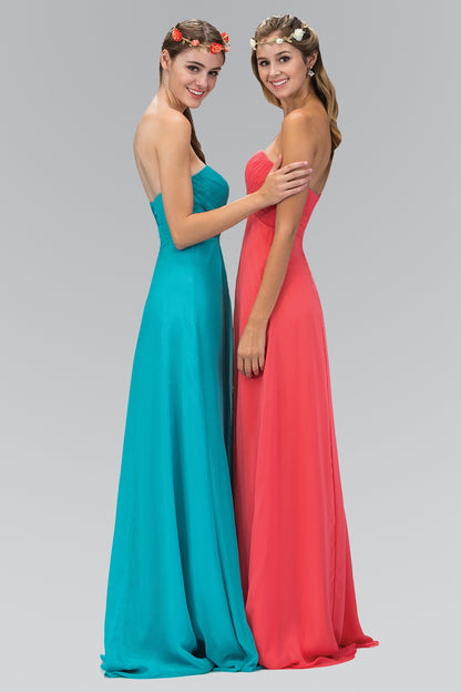 Strapless Chiffon Long Dress with Pleated Bodice