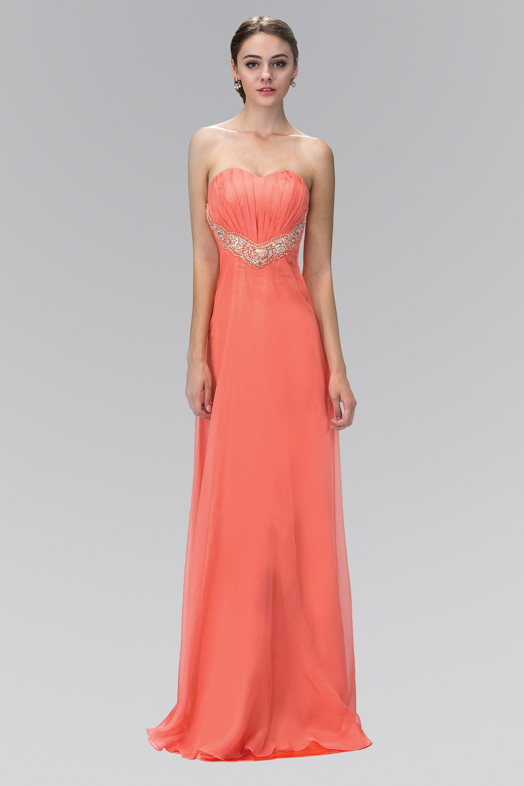 Strapless Sweetheart Chiffon Long Dress with Pleated Bodice and Bead Detailing