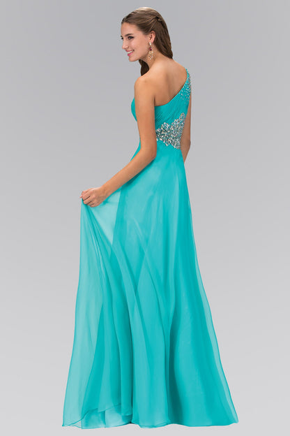 One Shoulder Chiffon Long Dress with Beaded Waistline