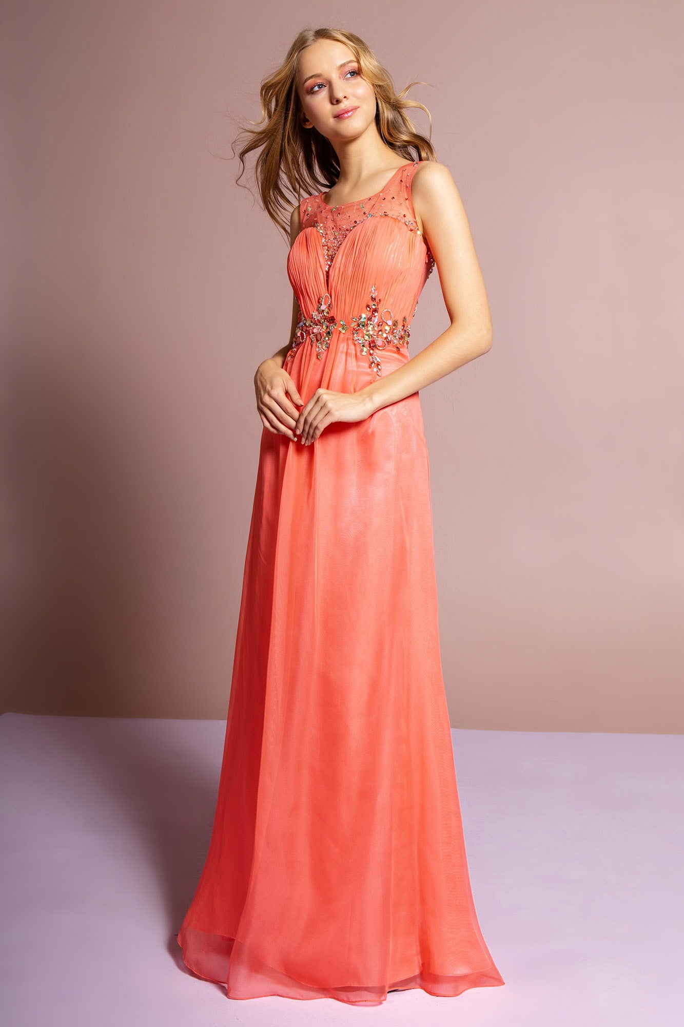 Ruched Bodice Chiffon Long Dress with Jeweled Neckline and Waist