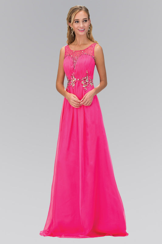 Ruched Bodice Chiffon Long Dress with Jeweled Neckline and Waist