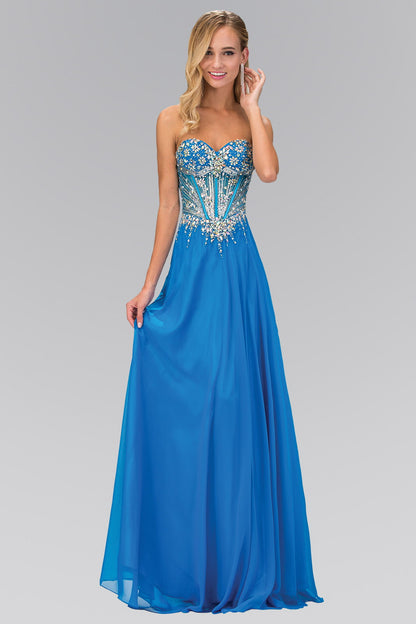 Strapless Sweetheart Chiffon Floor Length Dress with Jeweled Bodice